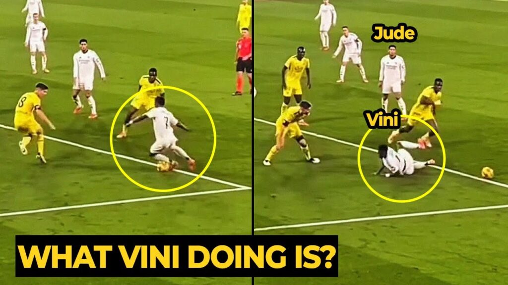 Jude Bellingham awkward reaction to Vinicius falling as slipping during dribble against Villarreal