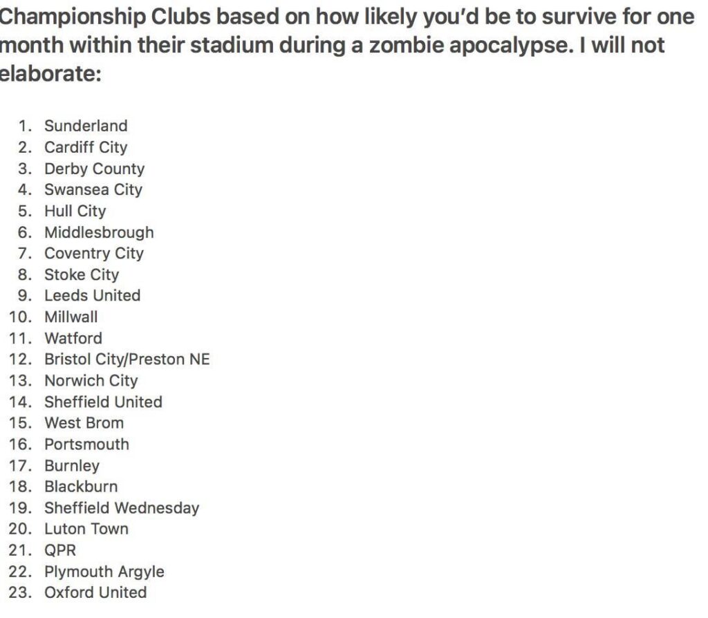 Championship table by zombie apocalypse survival chances