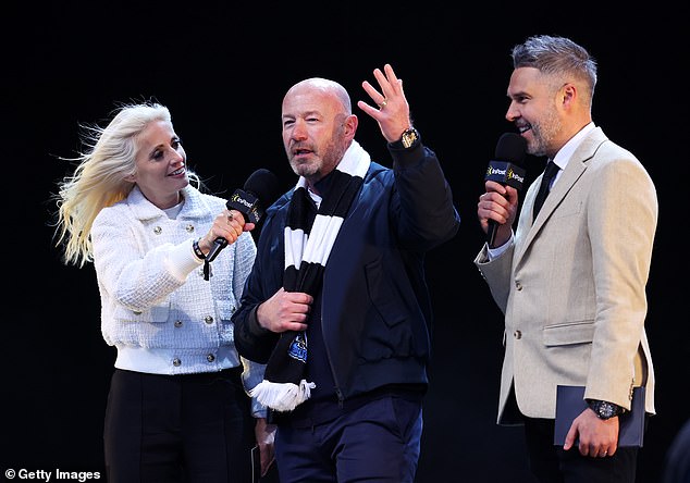 Former Newcastle United player Alan Shearer is interviewed by Lynsey Hipgrave (left) and Pete Graves (right), presenters and fans of Newcastle United