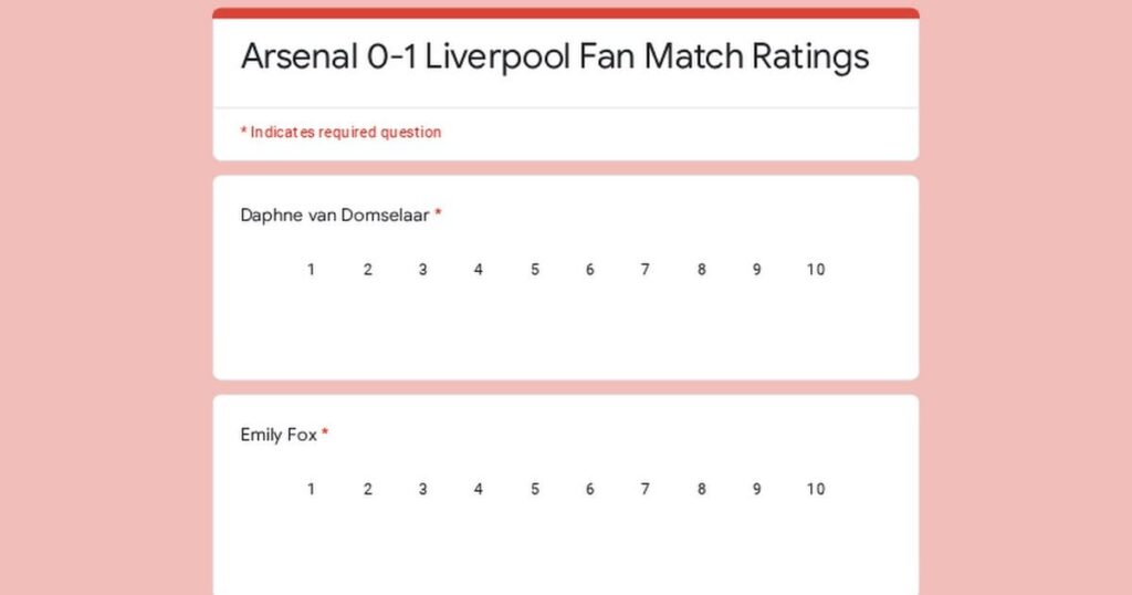 Arsenal 0-1 Liverpool Fan Match Ratings (Survey)