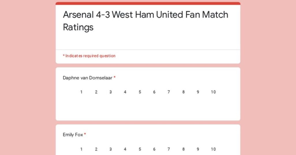 Arsenal 4-3 West Ham United Fan Match Ratings (Survey)