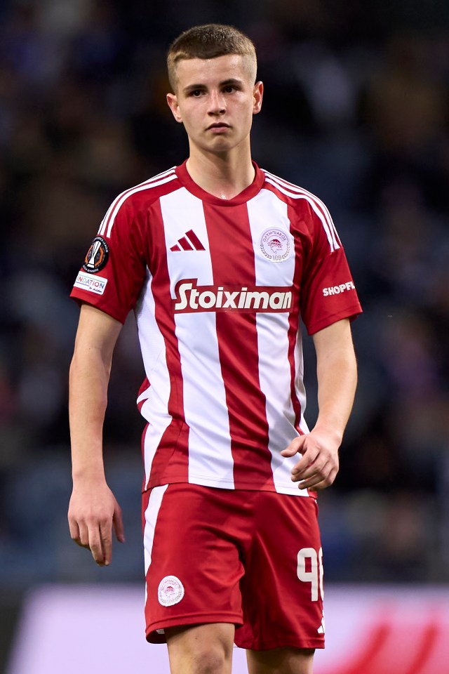 Christos Mouzakitis of Olympiacos in his team uniform.