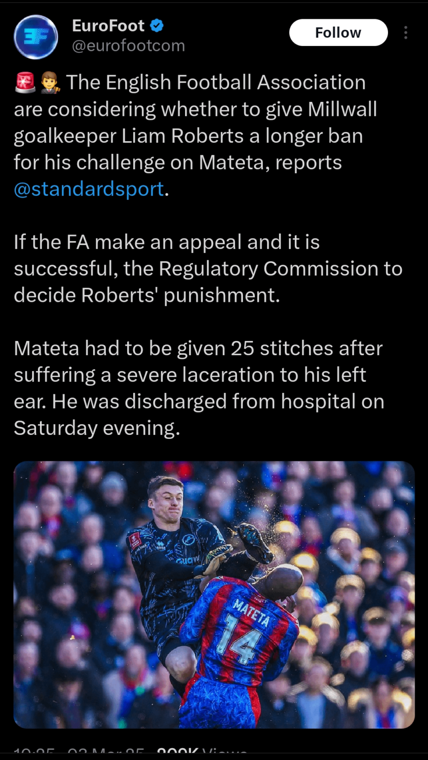 Liam Roberts could be facing a longer ban for his challenge against Mateta