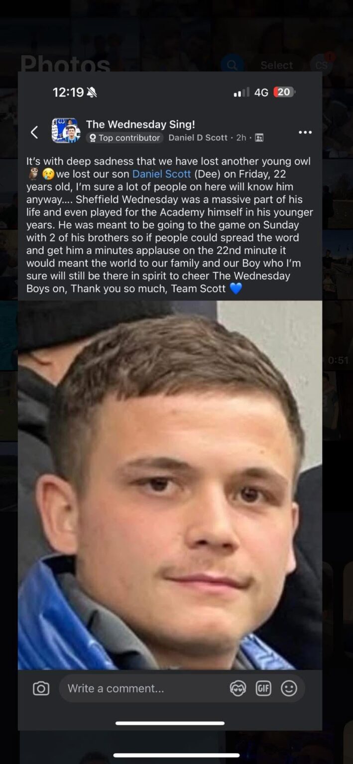 Yet another minute's applause for a young lad - Owls fan Daniel Scott on 22 mins at the weekend for anyone who's going.