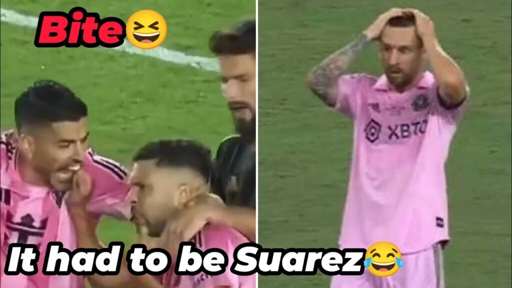 Luis Suarez appears to BITE his own teammate Jordi Alba leaving Lionel Messi shocked