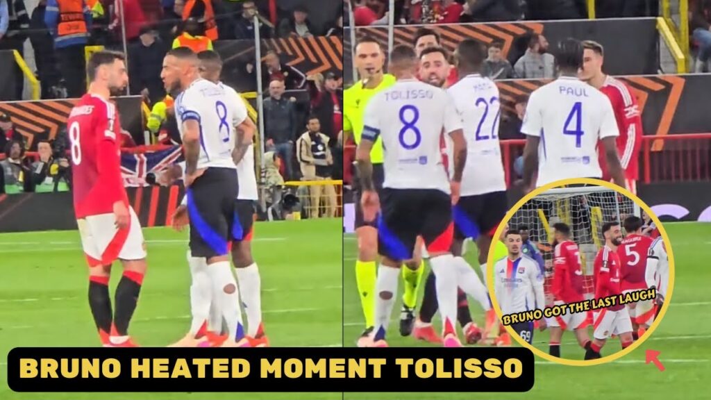 Bruno Fernandes heated conversation with Corentin Tolisso arguing on Diogo Dalot goal