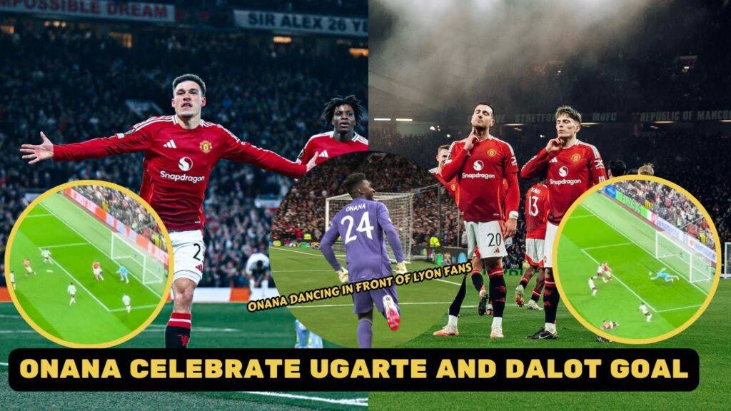 Andre Onana celebrates Manuel Ugarte and Diogo Dalot goal in front of Lyon fans