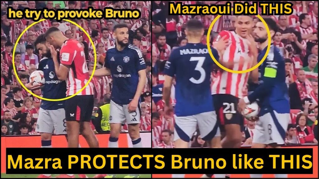 Mazraoui DEFENDS Bruno Fernandes from provocation of Athleti Bilbao player before taking the penalty