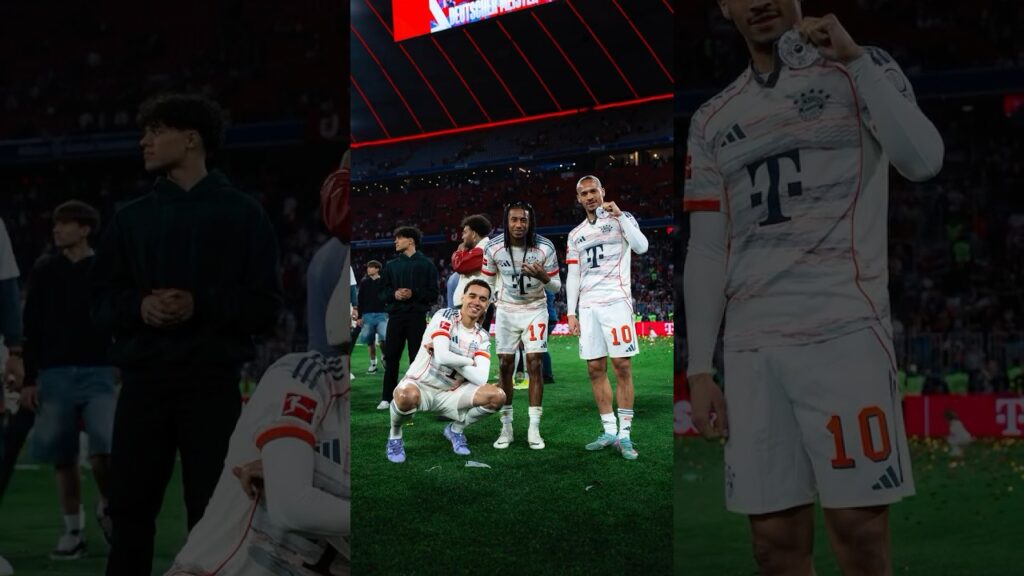 Jamal Musiala, Michael Olise and Leroy Sané at the Bayern's title celebration party