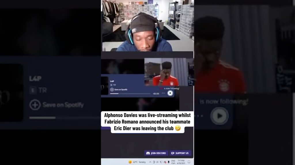Alphonso Davies discovering during his livestream that Eric Dier is leaving Bayern to join Monaco