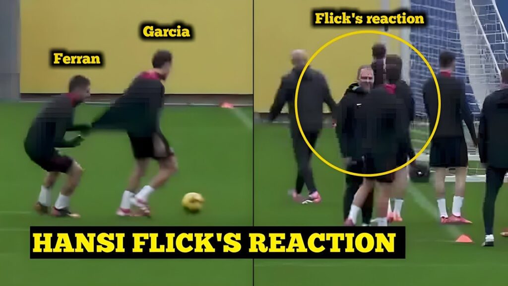 Hansi Flick'a reaction to Ferran Torres & Eric Garcia fooling around in Barça training