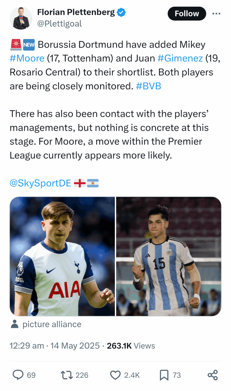We are linked with Mikey Moore (17,tottenham ,winger 🏴󠁧󠁢󠁥󠁮󠁧󠁿),Juan gimenez(19,Rosario Central ,CB 🇦🇷) and Victor froholdt (19,Fc Copenhagen,Cm 🇩🇰) with the addition of ritsu doan according to Florian Plettenberg