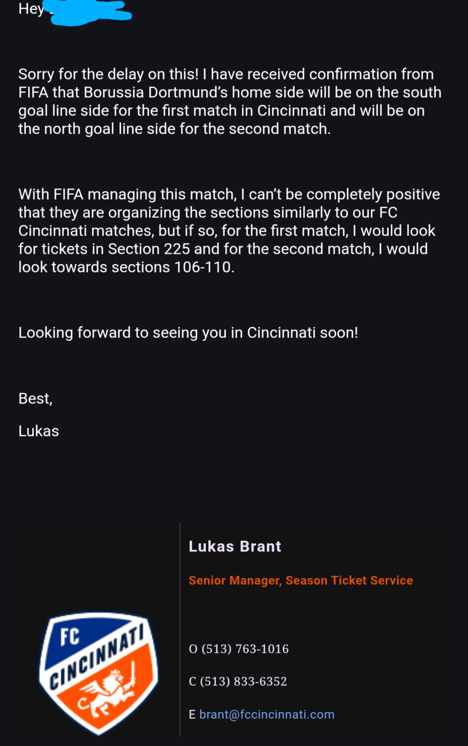 BVB in Cincinnati: For those planning to attend, BVB will be on opposite ends for the two matches.