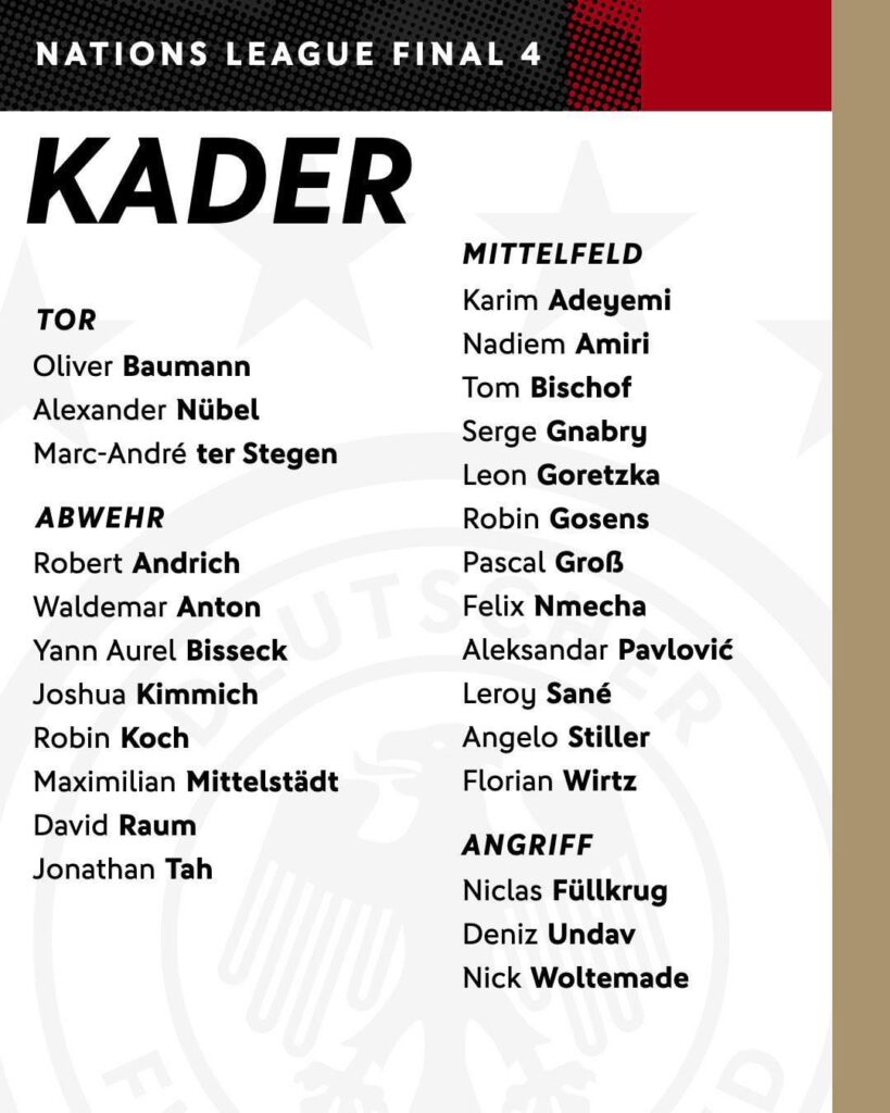 Nübel, Kimmich, Bischof, Gnabry, Goretzka, Sané and Pavlovic are called up for the German NTs Final Four