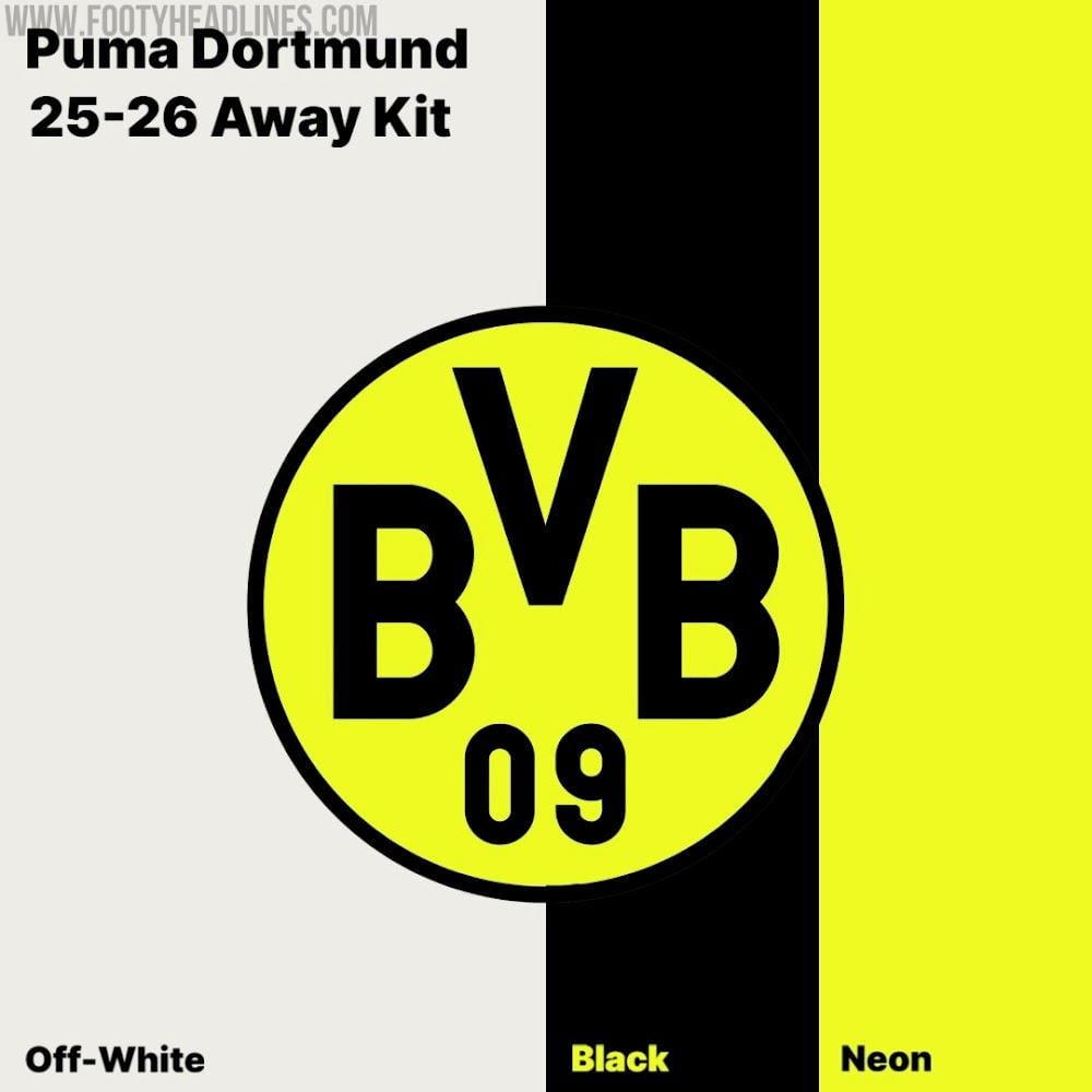The Dortmund 2025-2026 away kit will be off-white with black and neon yellow accents, breaking a nearly two-decade tradition of black away kits. The club crest will be neon yellow.