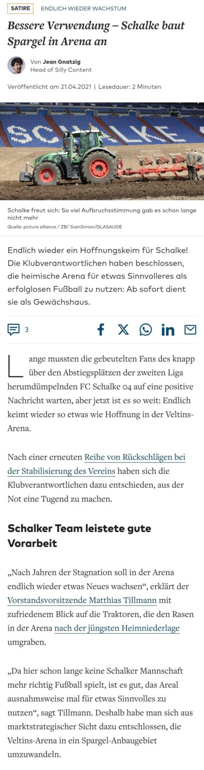 Für bessere Nutzung: Arena von Schalke 04 wird Spargelfeld.