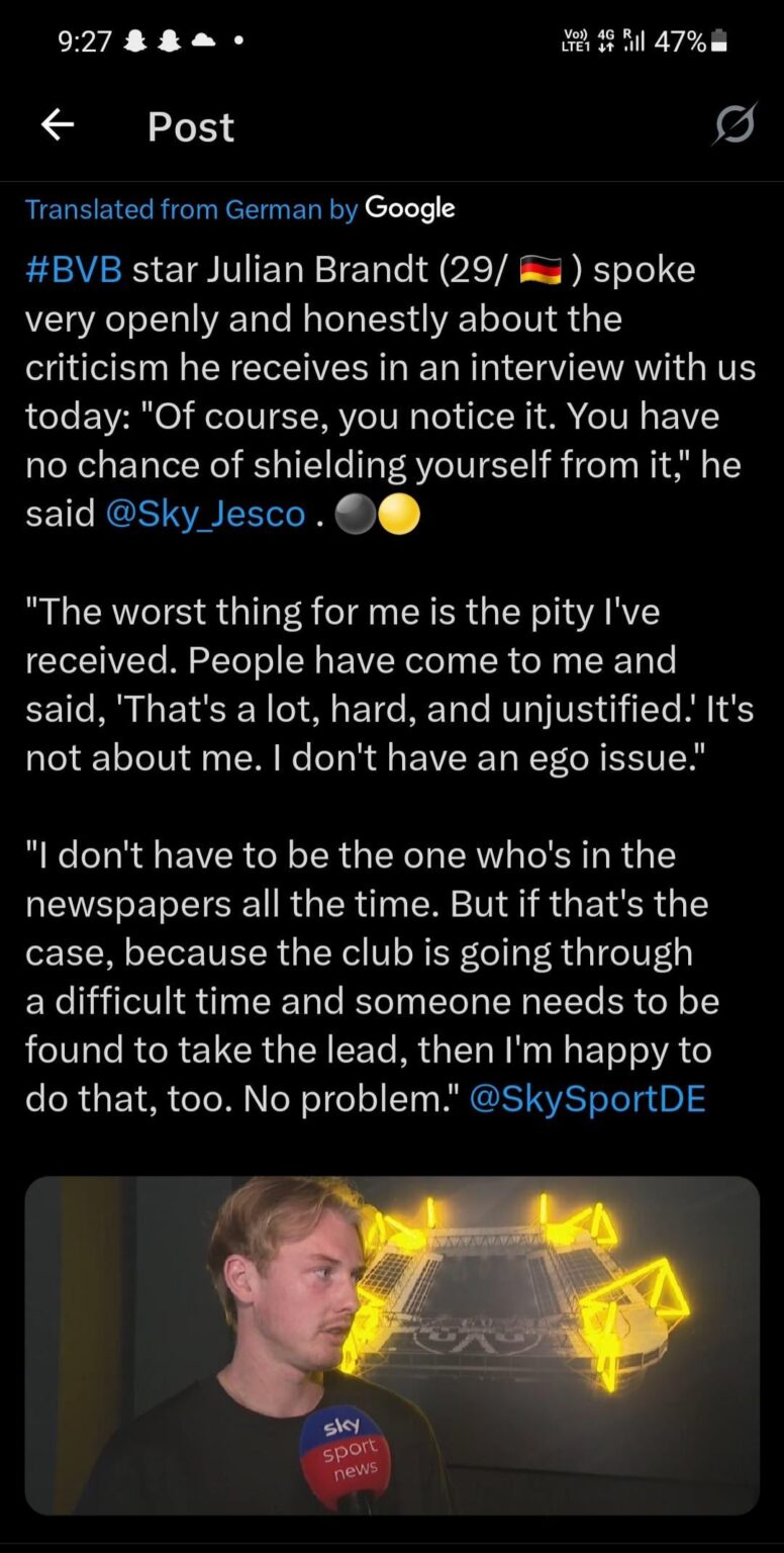 Julian brandt spoke about the Criticism he receives (source Patrick Berger ,jesco von eichman and Skysport Deutsche)