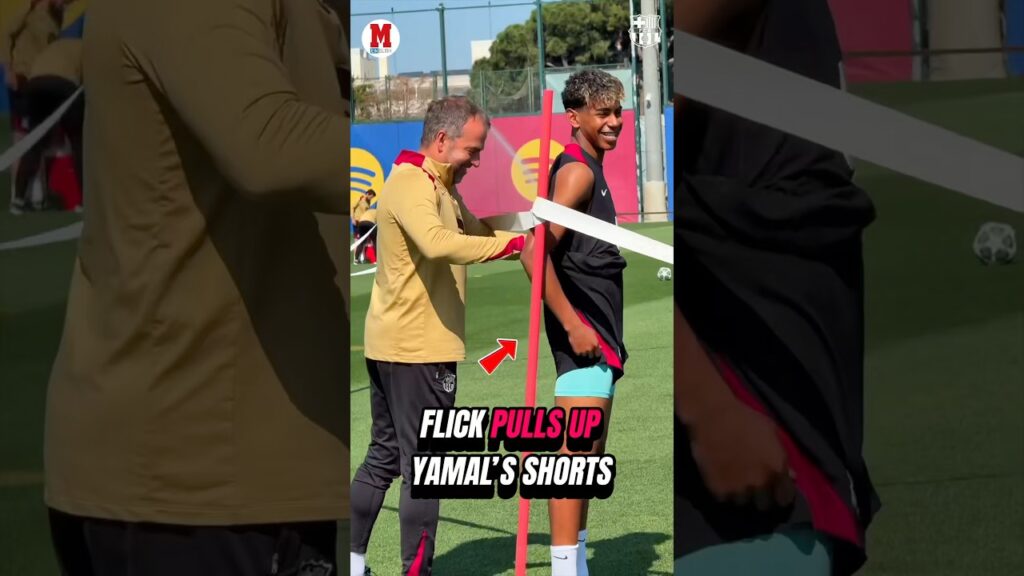 Hansi Flick pulls up Lamine Yamal’s shorts like any dad (or grandpa) would for his kid 😅 #barcelona