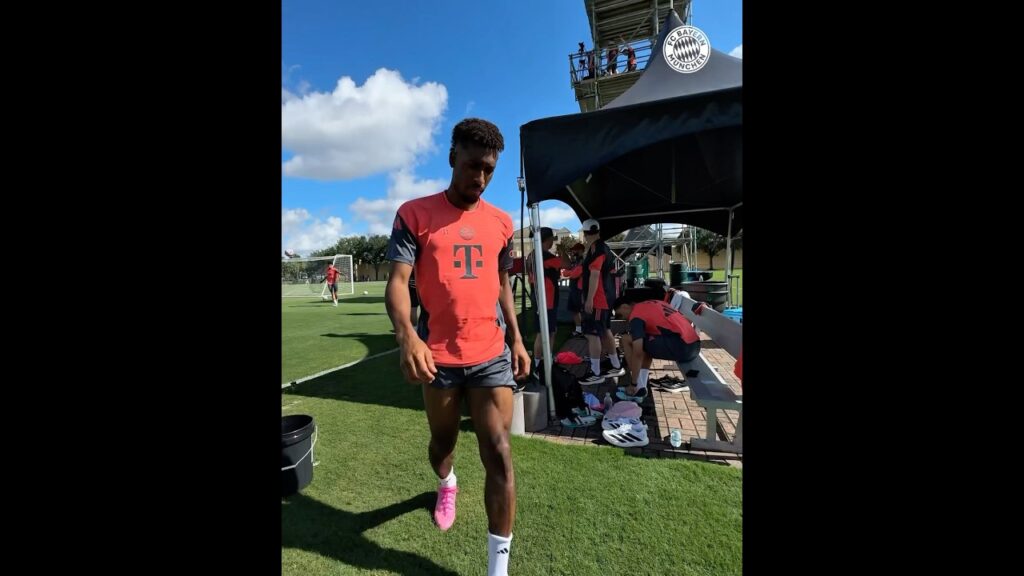 Kingsley Coman taking some water during Bayern's training session in the USA for the Club World Cup