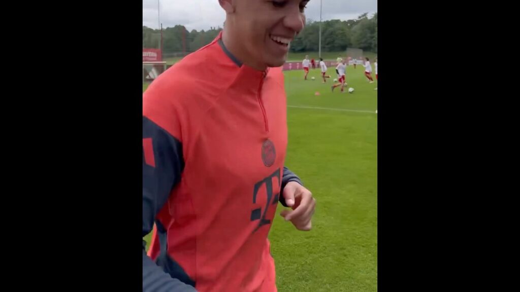Jamal Musiala completed a session close to the kids at Bayern's training ground