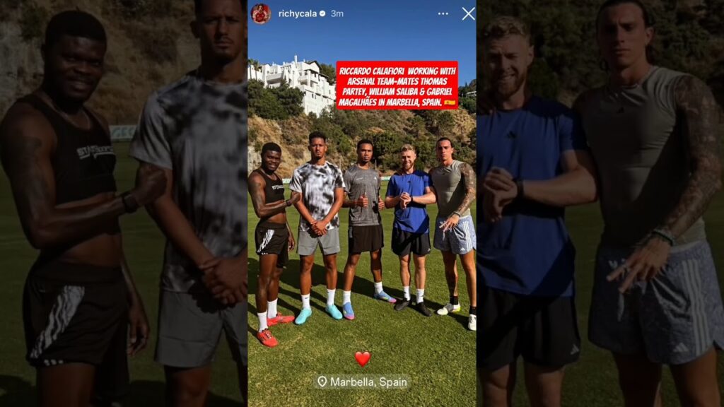 Riccardo Calafiori & #Arsenal team mates Thomas Partey, William Saliba & Gabriel Magalhães in Spain