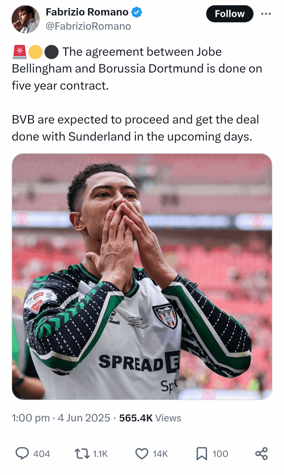 The agreement with Jobe Bellingham is done for a 5 year contract and it is expected to get the deal done with Sunderland in the upcoming days