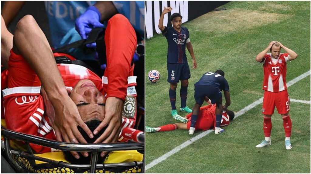 Videoaufnahmen von Jamal Musiala,der mit Donnarumma kollidiert und sich am Knöchel verletzt gegen PS