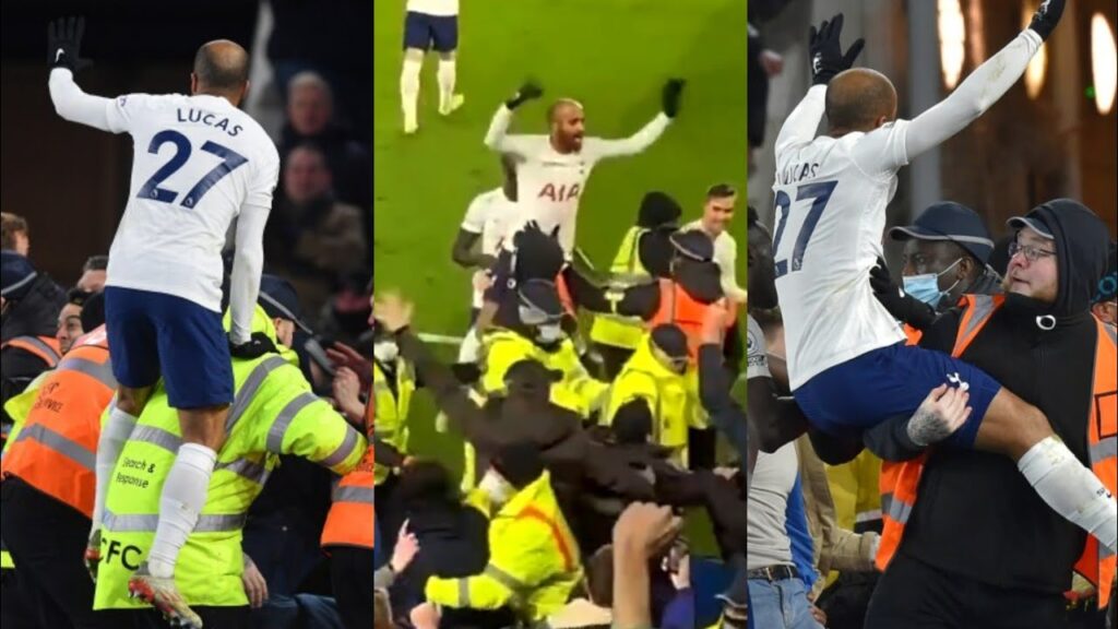 Lucas Moura Jump into Steward's Arms during Steven Bergwijn Last Minutes Goal vs Leicester