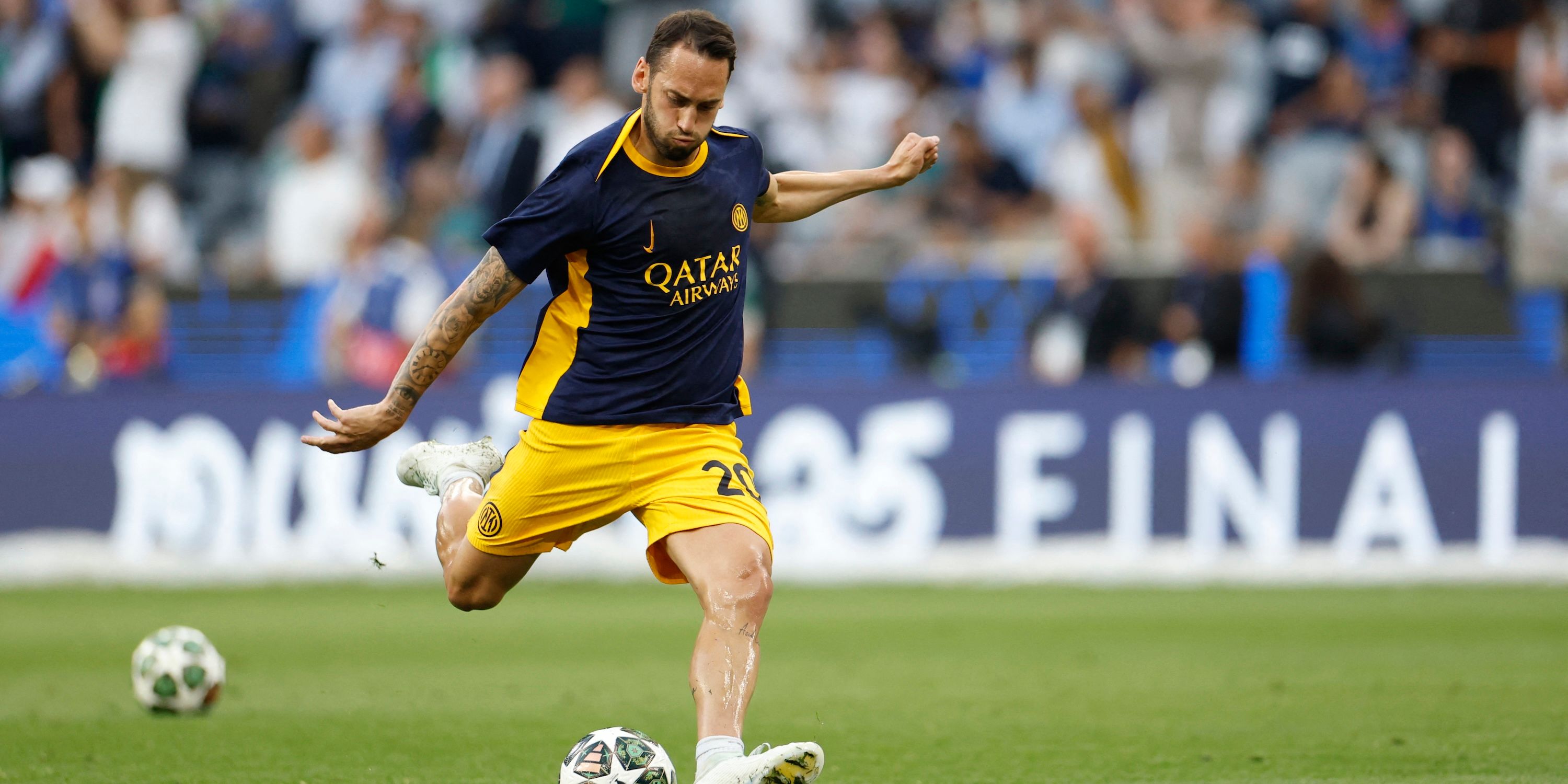 Inter Milan's Hakan Calhanoglu during the warm up before the match