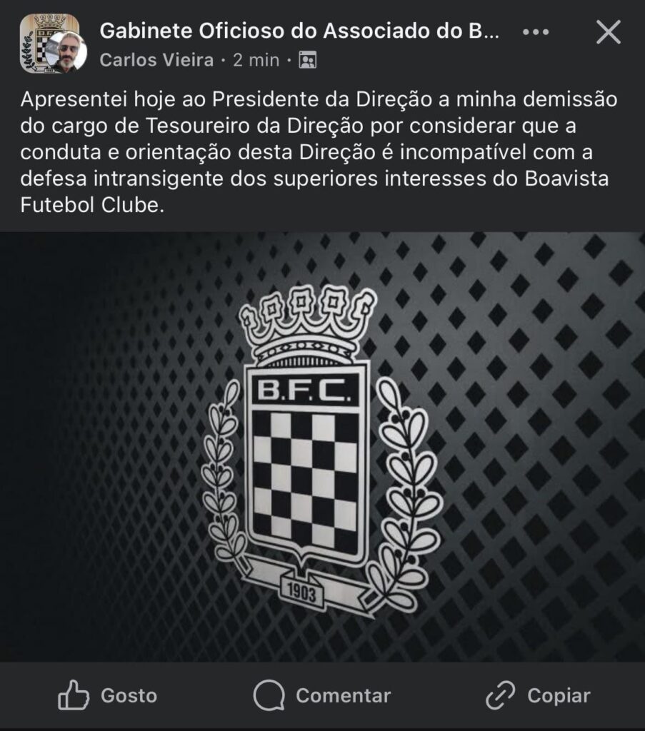 Tesoureiro do clube apresenta demissão