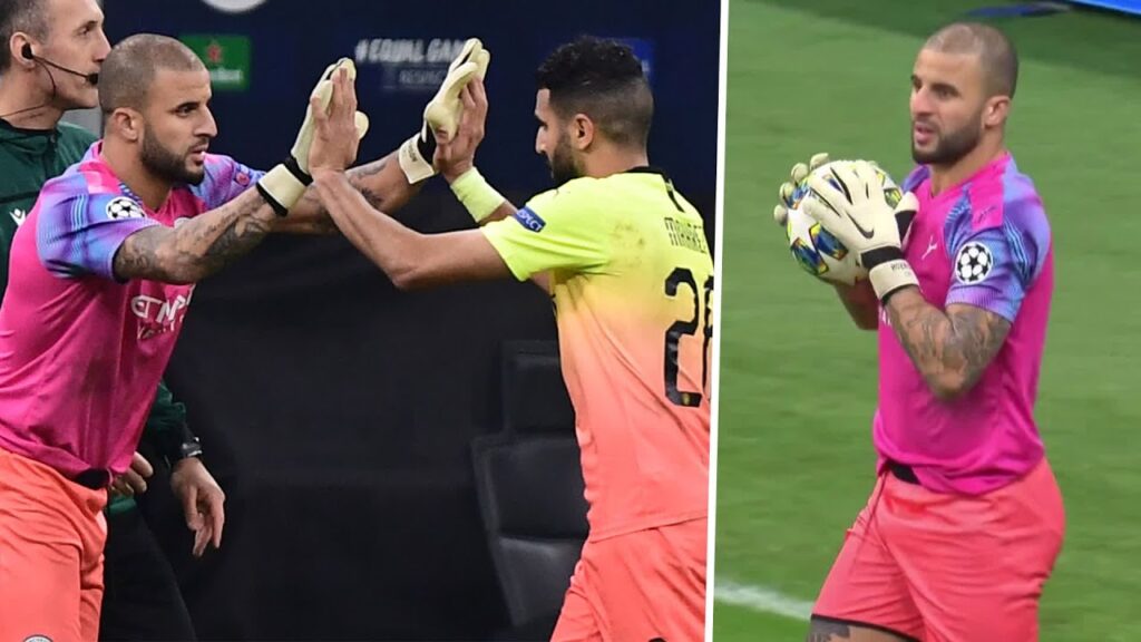 Kyle Walker goes in goal and immediately saves a free kick!