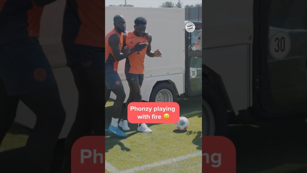 Alphonso Davies and Dayot Upamecano in a funny moment during Bayern's training session