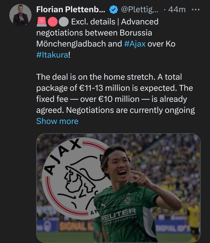 [Florian Plettenberg] Ajax in vergevorderde onderhandelingen met Borussia Mönchengladbach over Ko Itakura - Totale transfersom tussen de 11-13 miljoen euro