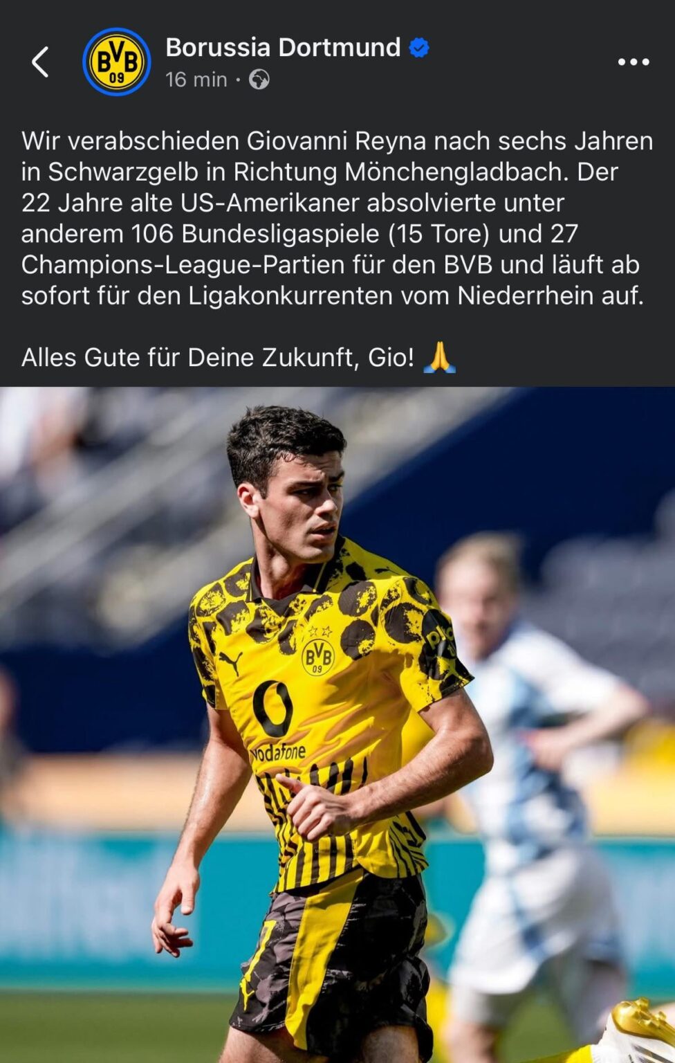 Gio Reyna is leaving the club and going to Mönchengladbach, per BVB’s official Facebook page