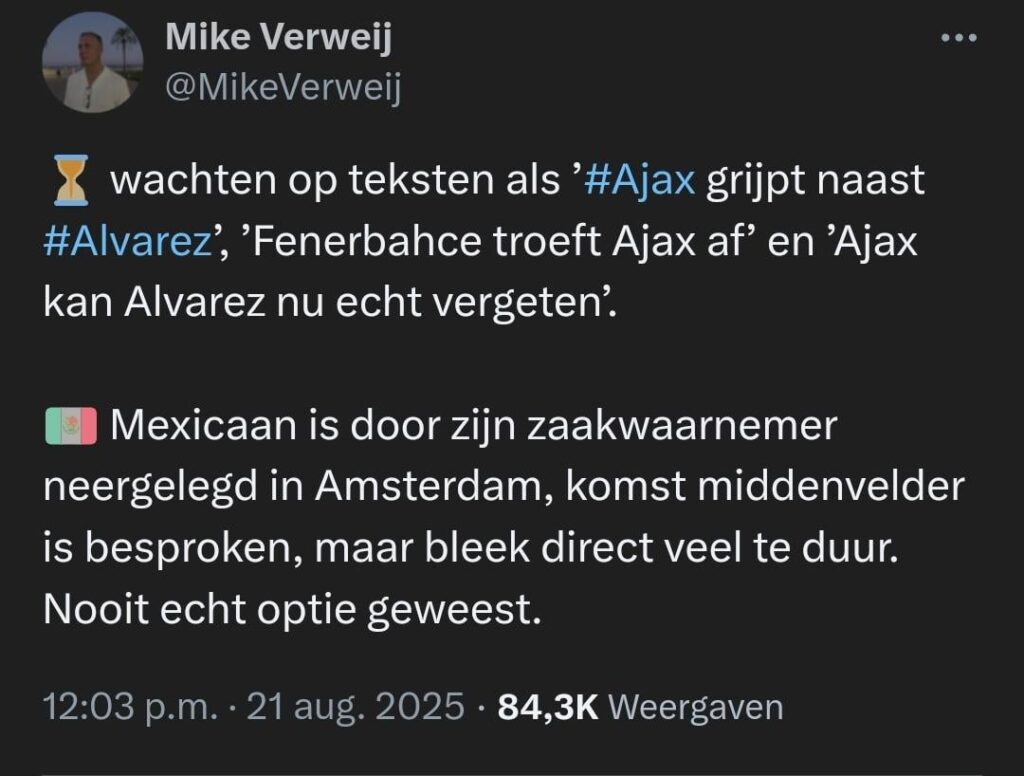 Mike Verweij: Edson Alvarez is door zijn zaakwaarnemer neergelegd in Amsterdam, komst middenvelder is besproken, maar bleek direct veel te duur. Nooit echt optie geweest.