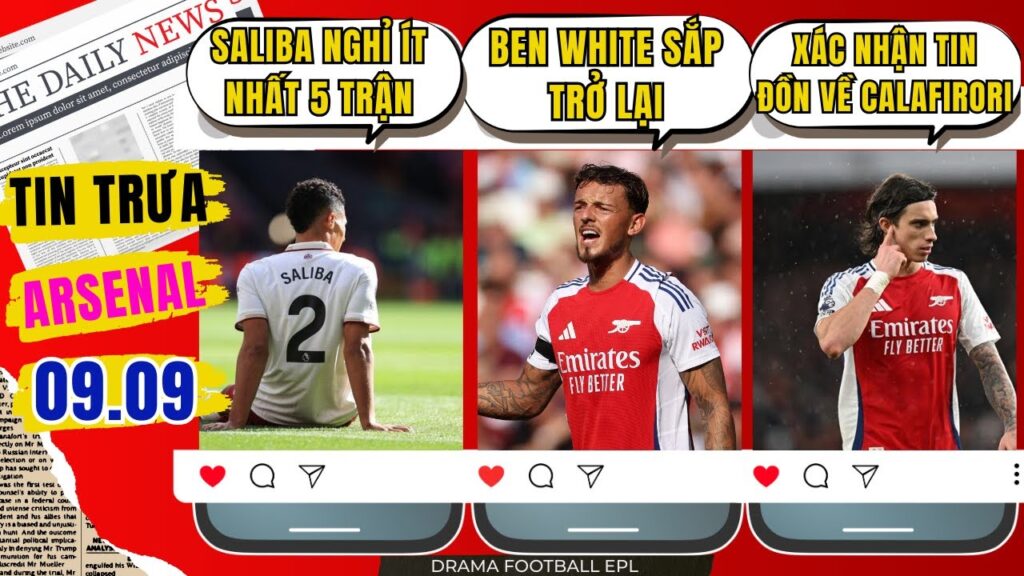 TIN TRƯA ARSENAL 9/9: TIN VUI TỪ BEN WHITE. SALIBA NGHỈ ÍT NHẤT 5 TRẬN.XÁC NHẬN TIN ĐỒN VỀ CALAFIORI