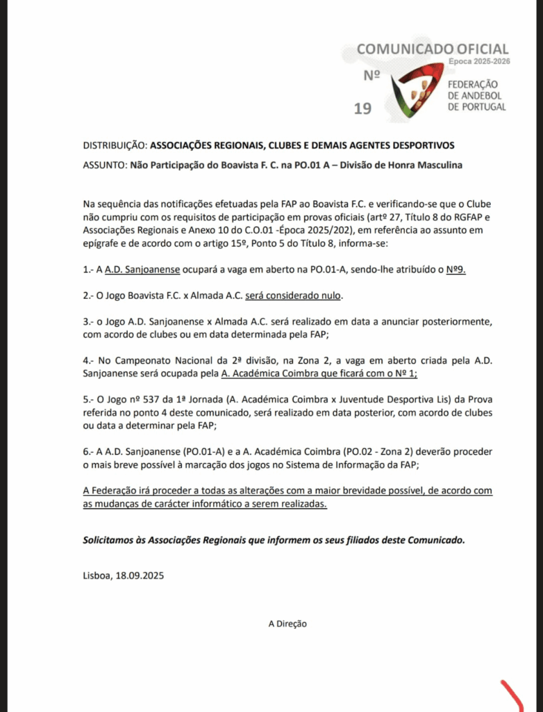 Comunicado Oficial FP Andebol