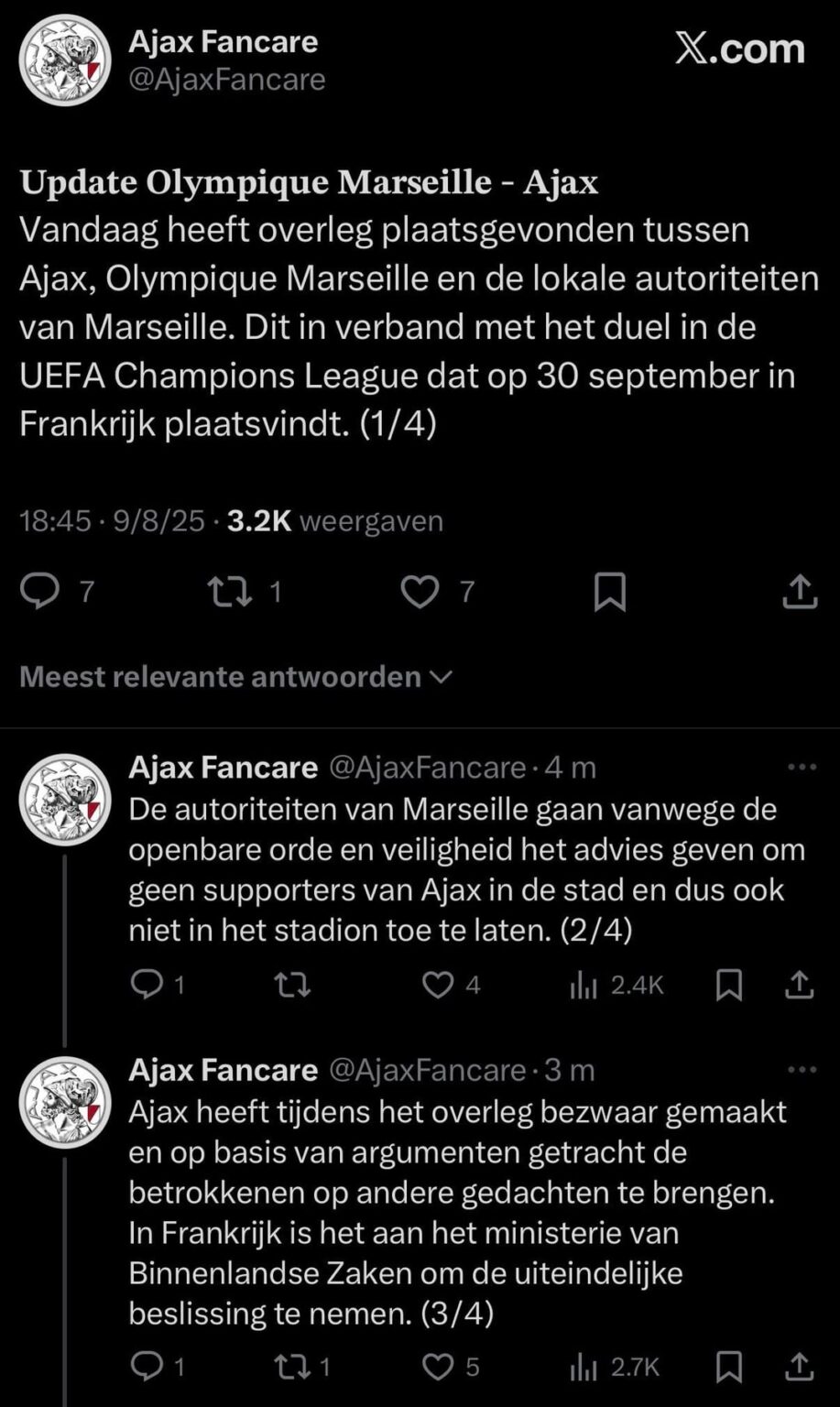 Citing public order and safety, the authorities in Marseille will advise against allowing Ajax supporters into the city and therefore also into the stadium. Ajax has lodged an objection with the French Ministry of the Interior, but does not expect this to help.