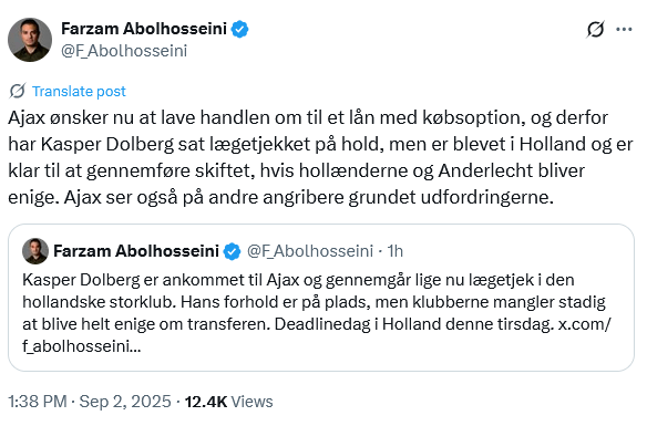 [Abolhosseini] Ajax now wishes to turn the deal into a loan with a purchase option and therefore Dolberg has put the medical examination on hold but has stayed in the Netherlands and is ready to complete the transfer if agreement is reached. Ajax also looking at other strikers due to the challenges.