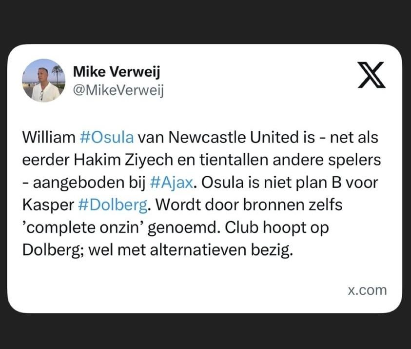[Mike Verweij] "Aangeboden" William Osula is geen plan B voor Dolberg