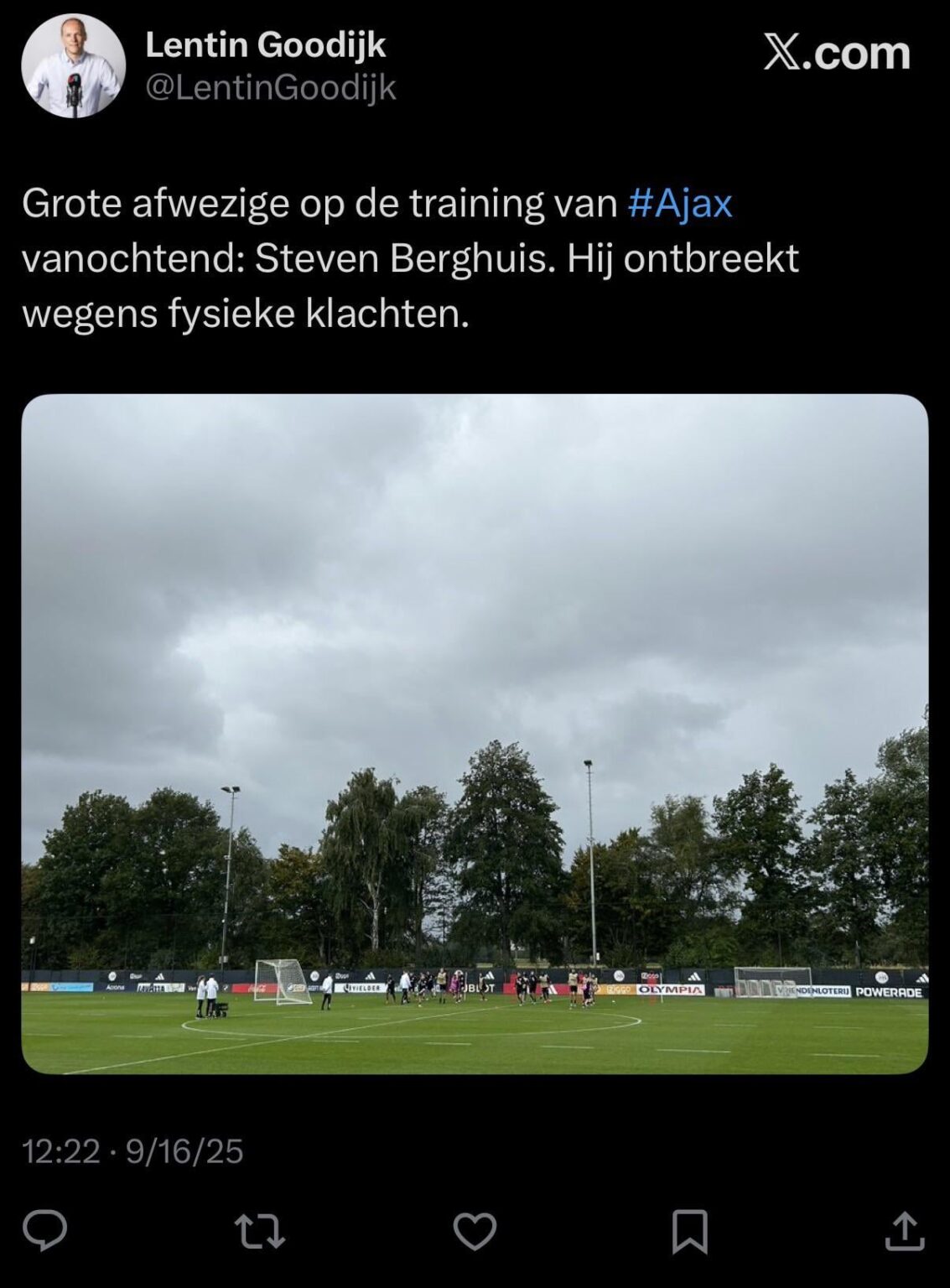 Steven Berghuis absent from training day before CL opening match against Inter due to physical complaints