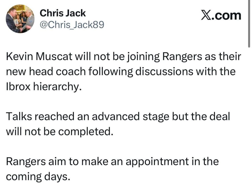 [Chris Jack] Kevin Muscat will not be joining Rangers as their new head coach following discussions with the Ibrox hierarchy.