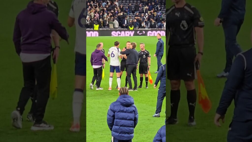 THOMAS FRANK PUSHES JOÃO PALHINHA AWAY FROM THE REFEREE AT THE END OF THE GAME: Spurs 1-1 Wolves