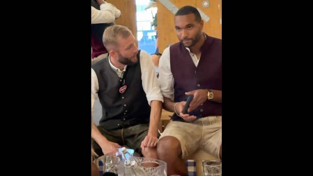 Bayern players Konrad Laimer, Jonathan Tah, Serge Gnabry and Aleksandar Pavlović at the Oktoberfest