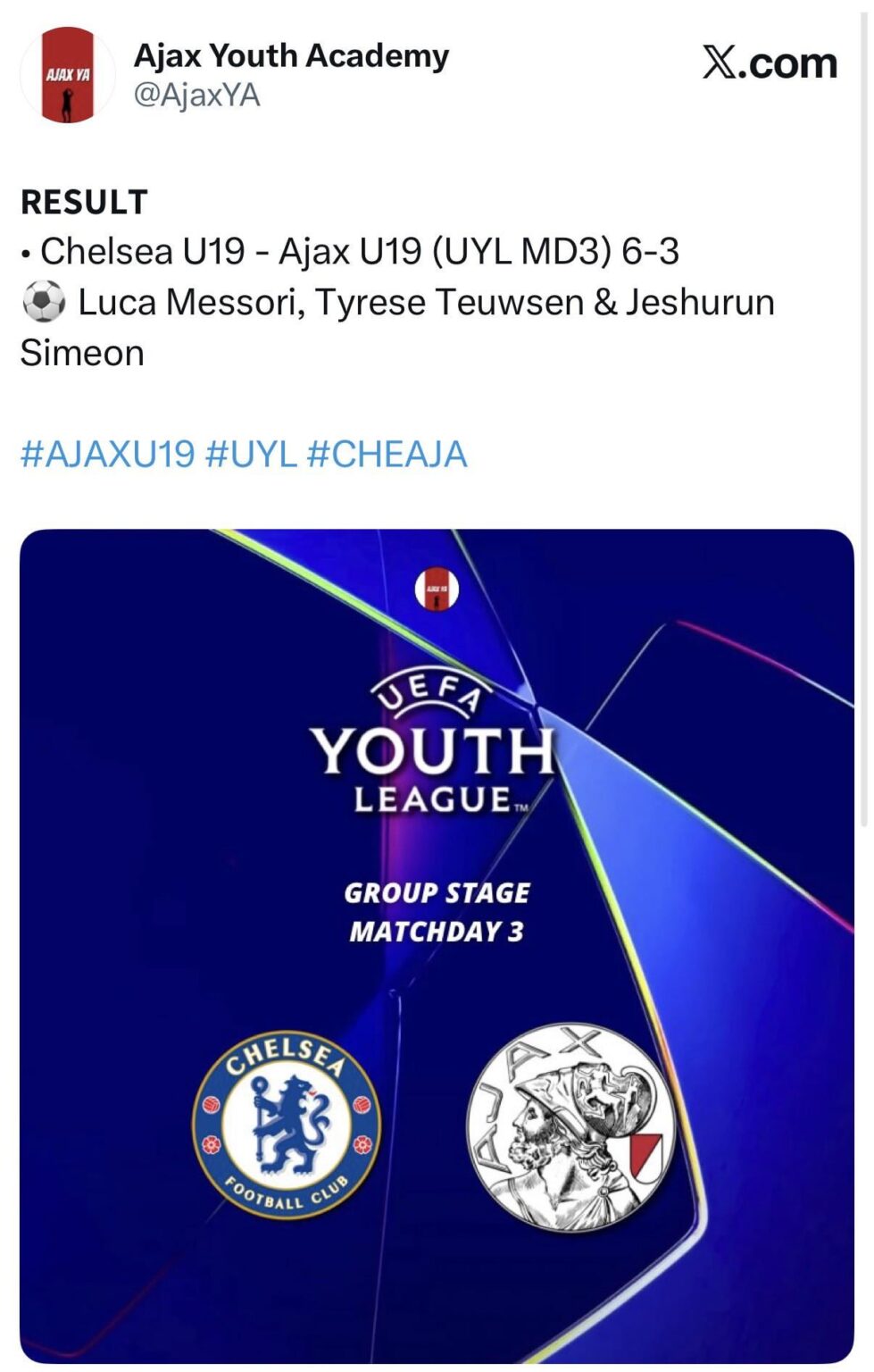 Ajax U19 lose 6-3 to Chelsea U19 in the UEFA Youth League