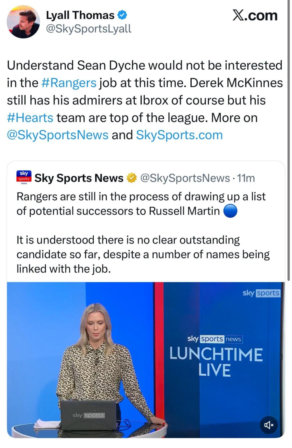 [Sky Sports] No clear outstanding candidate so far for the Rangers job so far. Dyche not interested. McInnes has admirers at Ibrox