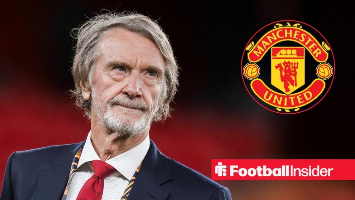 Sir Jim Ratcliffe looking into distance and Man United badge in inset