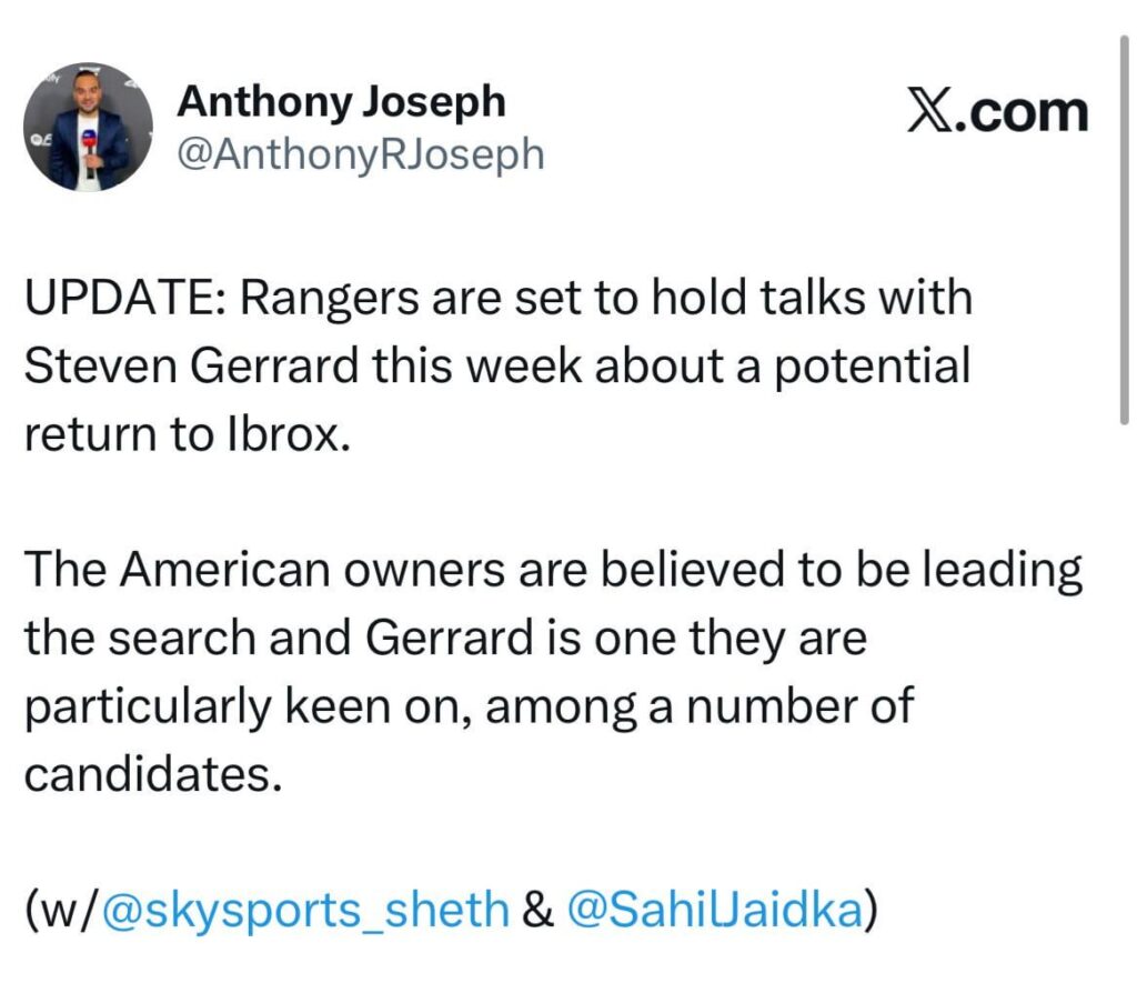[Anthony Joseph] Americans leading the manager search. Will speak to Gerrard this week.