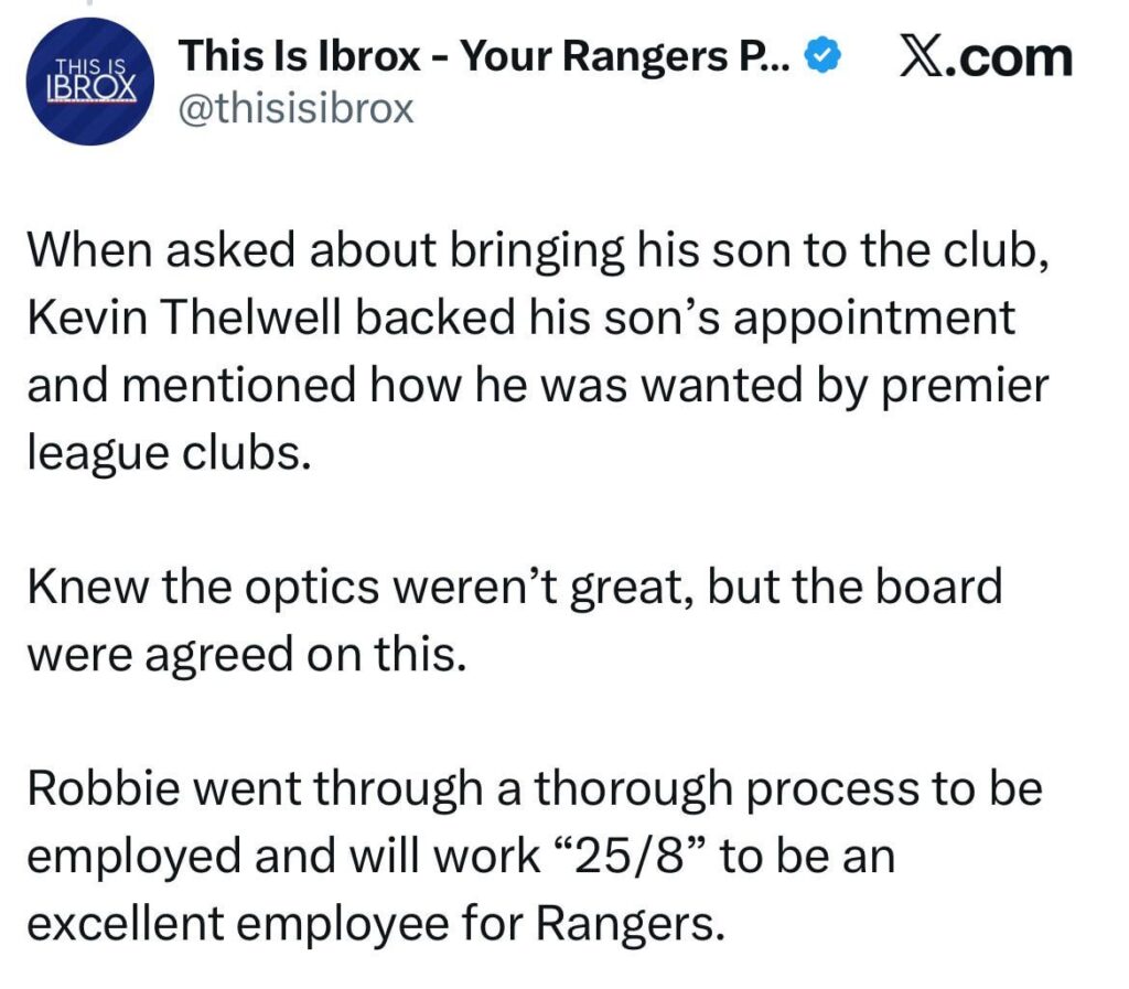 When asked about bringing his son to Rangers, Kevin Thelwell backed the appointment and said he will work “25/8” to be a success