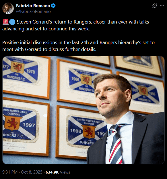 Steven Gerrard’s return to Rangers, closer than ever with talks advancing and set to continue this week.